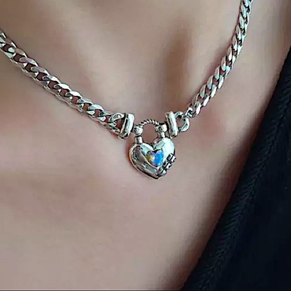 Sterling Silver Lock Padlock Zircon Chain Link Cuban Necklace - Picture 2 of 8